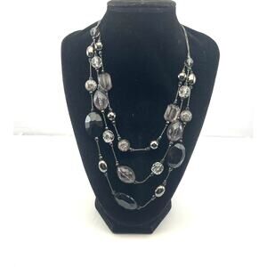 Vintage NY Stamped Beaded Silver Tone Chain Black Bead Necklace B7.